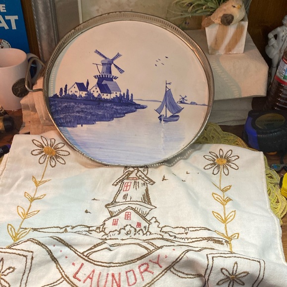Other - Vintage Holland Blue Windmill Scene Porcelain Tray and Laundry bag